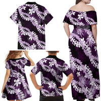 Puakenikeni Maile Lei Family Matching Off Shoulder Maxi Dress and Hawaiian Shirt Frangipani Purple Tropical Leaves