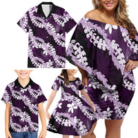 Puakenikeni Maile Lei Family Matching Off Shoulder Short Dress and Hawaiian Shirt Frangipani Purple Tropical Leaves