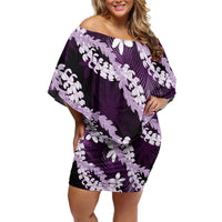 Puakenikeni Maile Lei Family Matching Off Shoulder Short Dress and Hawaiian Shirt Frangipani Purple Tropical Leaves