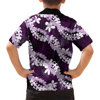 Puakenikeni Maile Lei Family Matching Short Sleeve Bodycon Dress and Hawaiian Shirt Frangipani Purple Tropical Leaves