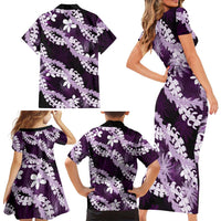 Puakenikeni Maile Lei Family Matching Short Sleeve Bodycon Dress and Hawaiian Shirt Frangipani Purple Tropical Leaves