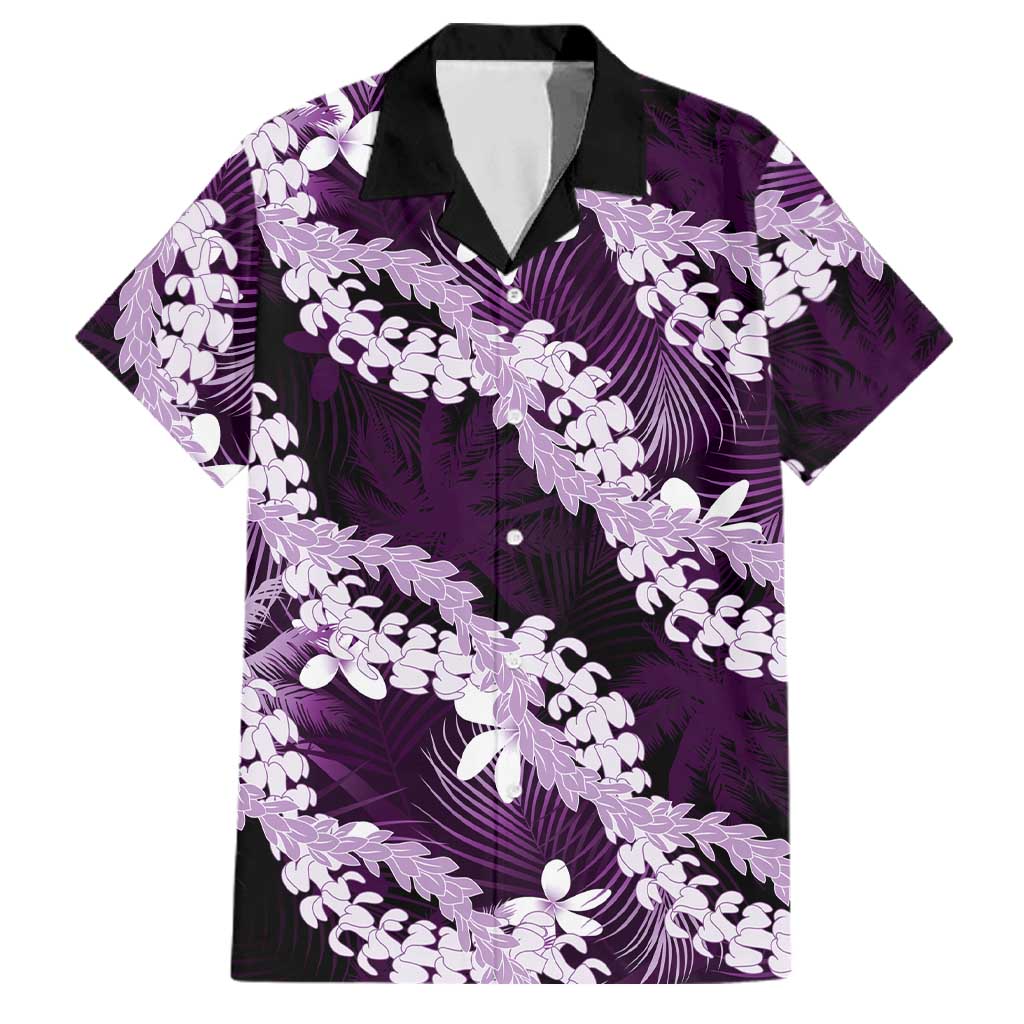 Puakenikeni Maile Lei Family Matching Short Sleeve Bodycon Dress and Hawaiian Shirt Frangipani Purple Tropical Leaves