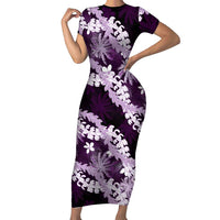 Puakenikeni Maile Lei Family Matching Short Sleeve Bodycon Dress and Hawaiian Shirt Frangipani Purple Tropical Leaves