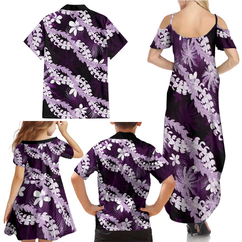 Puakenikeni Maile Lei Family Matching Summer Maxi Dress and Hawaiian Shirt Frangipani Purple Tropical Leaves
