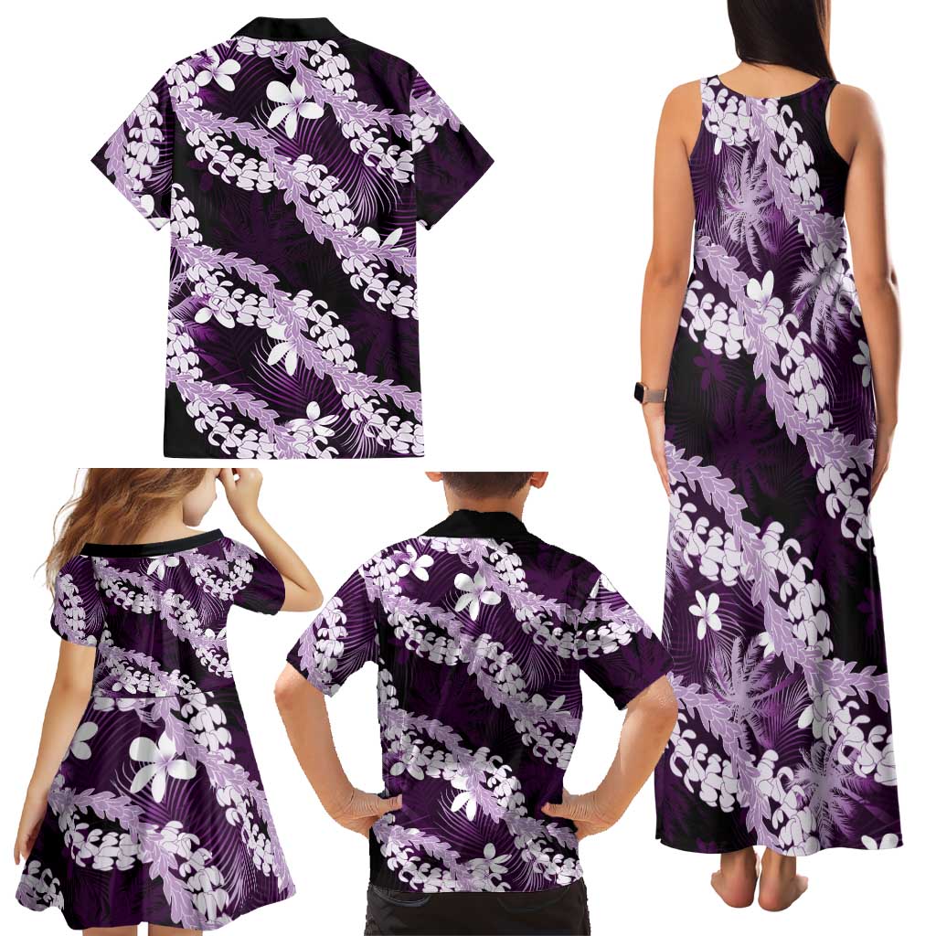 Puakenikeni Maile Lei Family Matching Tank Maxi Dress and Hawaiian Shirt Frangipani Purple Tropical Leaves