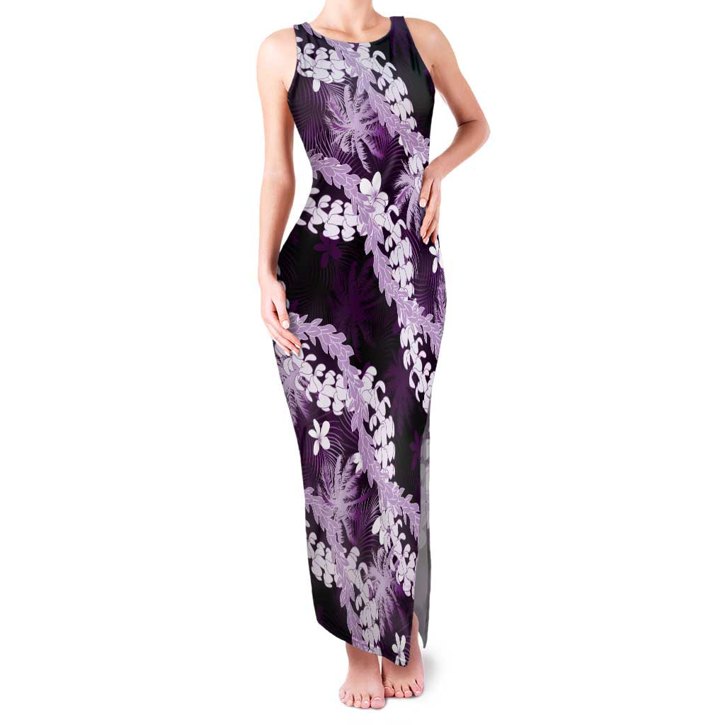 Puakenikeni Maile Lei Family Matching Tank Maxi Dress and Hawaiian Shirt Frangipani Purple Tropical Leaves
