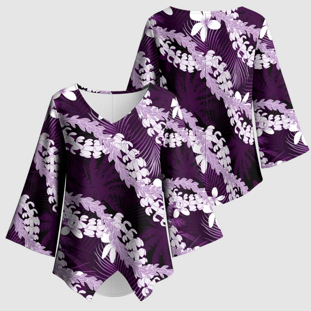 Puakenikeni Maile Lei Kimono Sleeve Blouse Frangipani Purple Tropical Leaves LT01 - Polynesian Pride