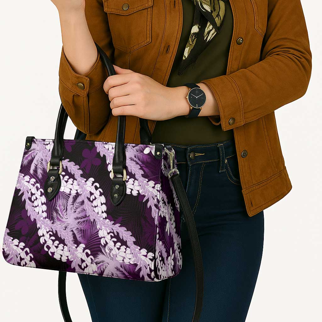 Puakenikeni Maile Lei Leather Bag Frangipani Purple Tropical Leaves LT01 - Polynesian Pride