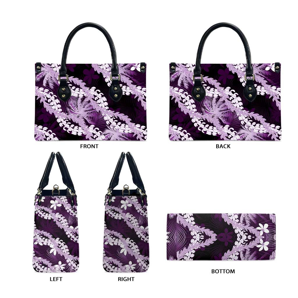 Puakenikeni Maile Lei Leather Bag Frangipani Purple Tropical Leaves LT01 - Polynesian Pride