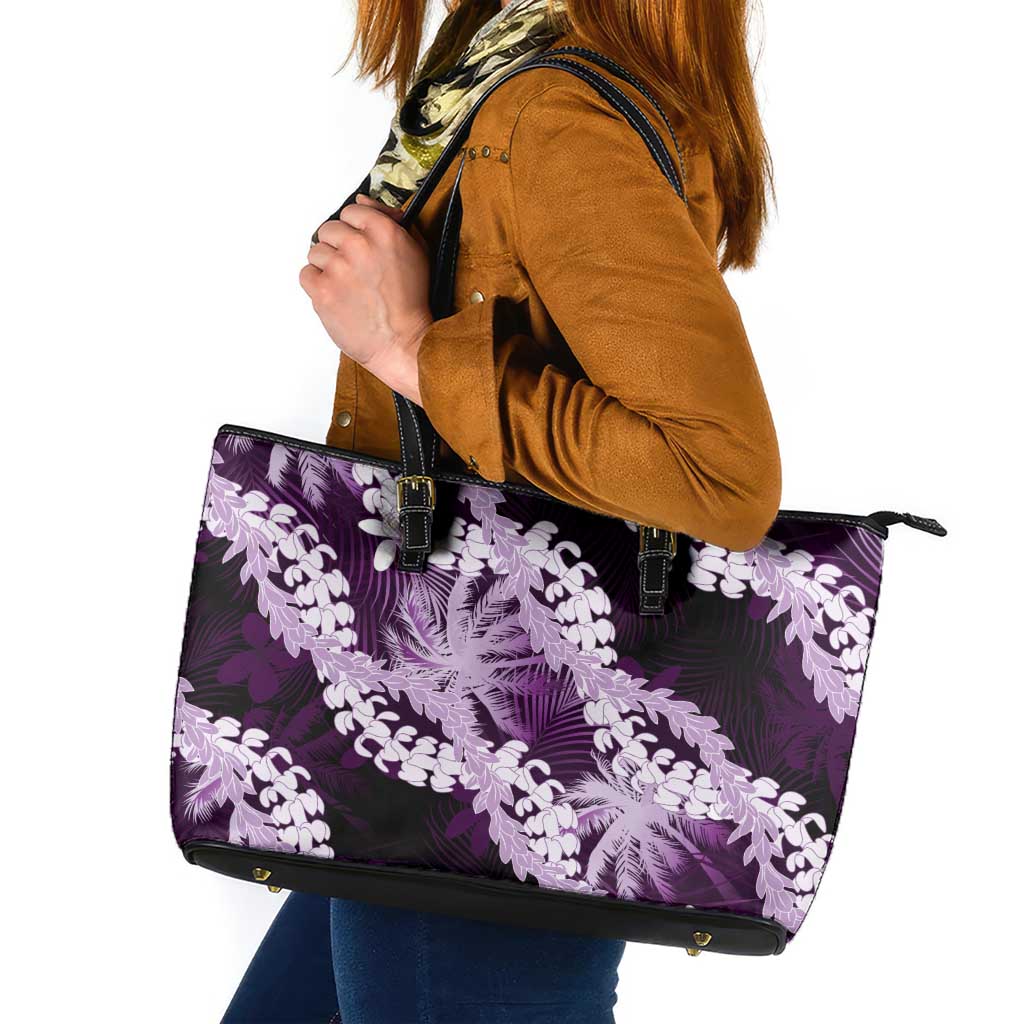 Puakenikeni Maile Lei Leather Tote Bag Frangipani Purple Tropical Leaves LT01 Purple - Polynesian Pride