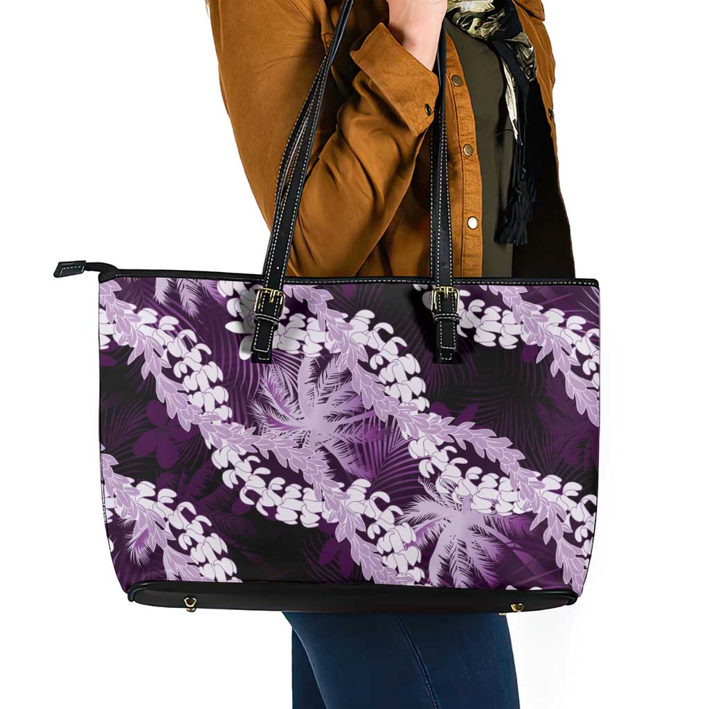 Puakenikeni Maile Lei Leather Tote Bag Frangipani Purple Tropical Leaves LT01 - Polynesian Pride
