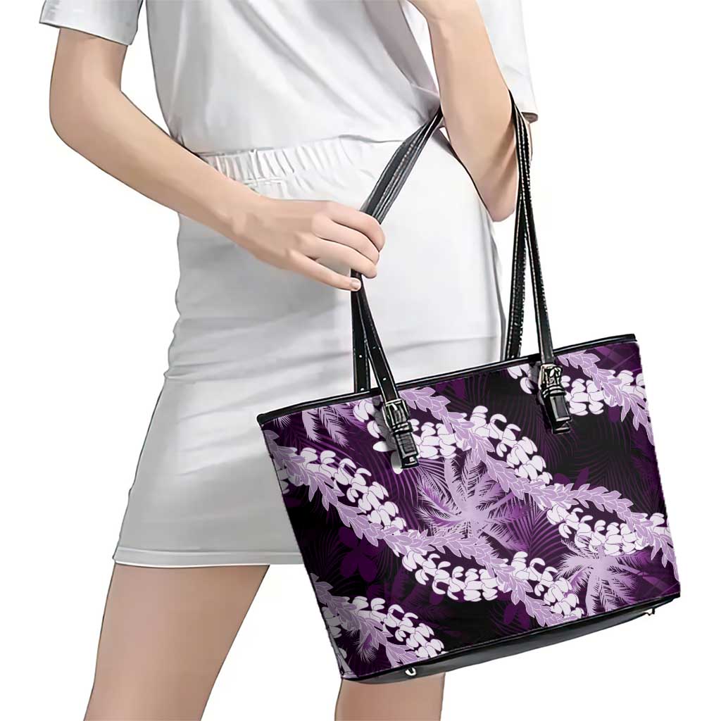 Puakenikeni Maile Lei Leather Tote Bag Frangipani Purple Tropical Leaves LT01 - Polynesian Pride
