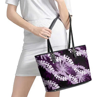 Puakenikeni Maile Lei Leather Tote Bag Frangipani Purple Tropical Leaves LT01 - Polynesian Pride