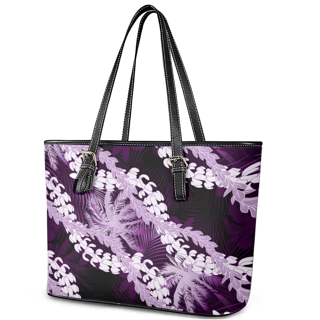 Puakenikeni Maile Lei Leather Tote Bag Frangipani Purple Tropical Leaves LT01 - Polynesian Pride