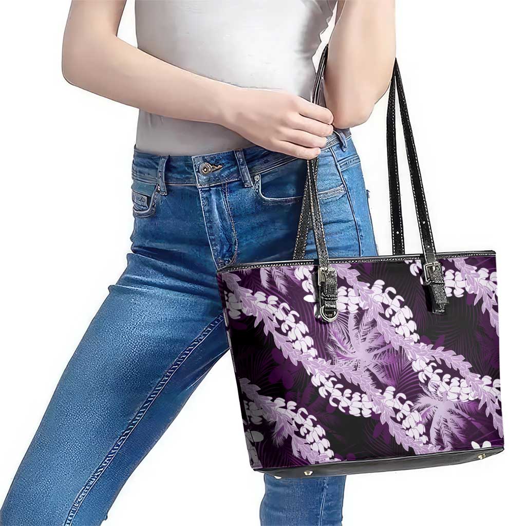 Puakenikeni Maile Lei Leather Tote Bag Frangipani Purple Tropical Leaves LT01 - Polynesian Pride