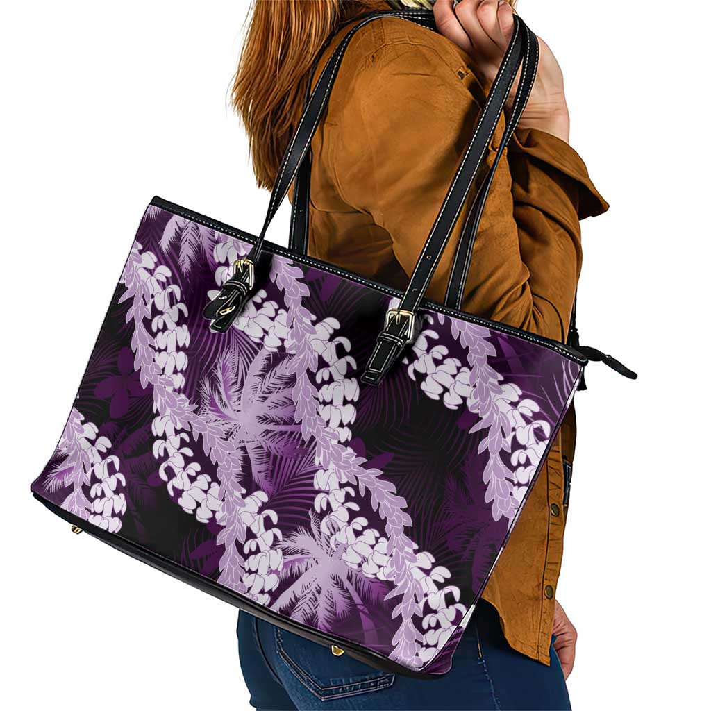 Puakenikeni Maile Lei Leather Tote Bag Frangipani Purple Tropical Leaves LT01 - Polynesian Pride