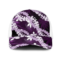 Puakenikeni Maile Lei Mesh Trucker Cap Frangipani Purple Tropical Leaves LT01 One Size White Purple - Polynesian Pride