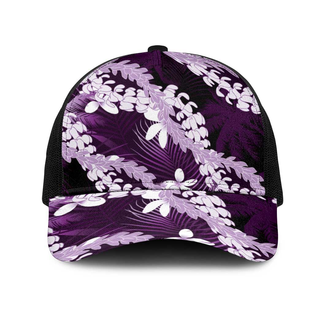 Puakenikeni Maile Lei Mesh Trucker Cap Frangipani Purple Tropical Leaves LT01 One Size Black Purple - Polynesian Pride