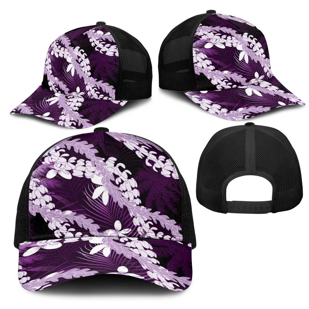 Puakenikeni Maile Lei Mesh Trucker Cap Frangipani Purple Tropical Leaves LT01 - Polynesian Pride