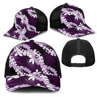 Puakenikeni Maile Lei Mesh Trucker Cap Frangipani Purple Tropical Leaves LT01 - Polynesian Pride