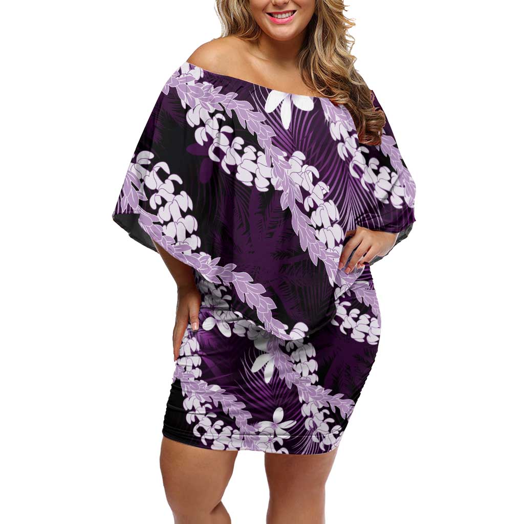 Puakenikeni Maile Lei Off Shoulder Short Dress Frangipani Purple Tropical Leaves