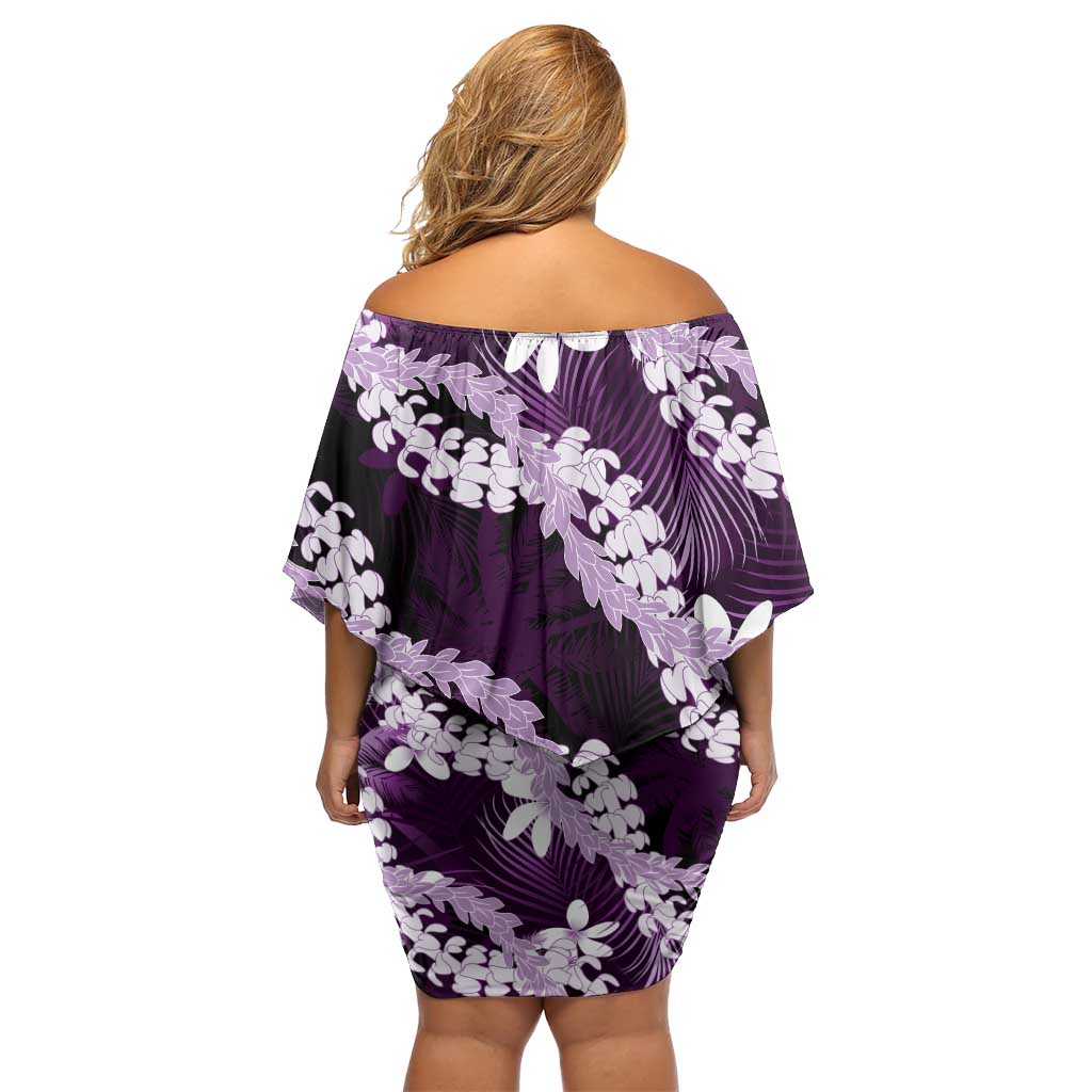 Puakenikeni Maile Lei Off Shoulder Short Dress Frangipani Purple Tropical Leaves