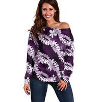Puakenikeni Maile Lei Off Shoulder Sweater Frangipani Purple Tropical Leaves LT01 Women Purple - Polynesian Pride