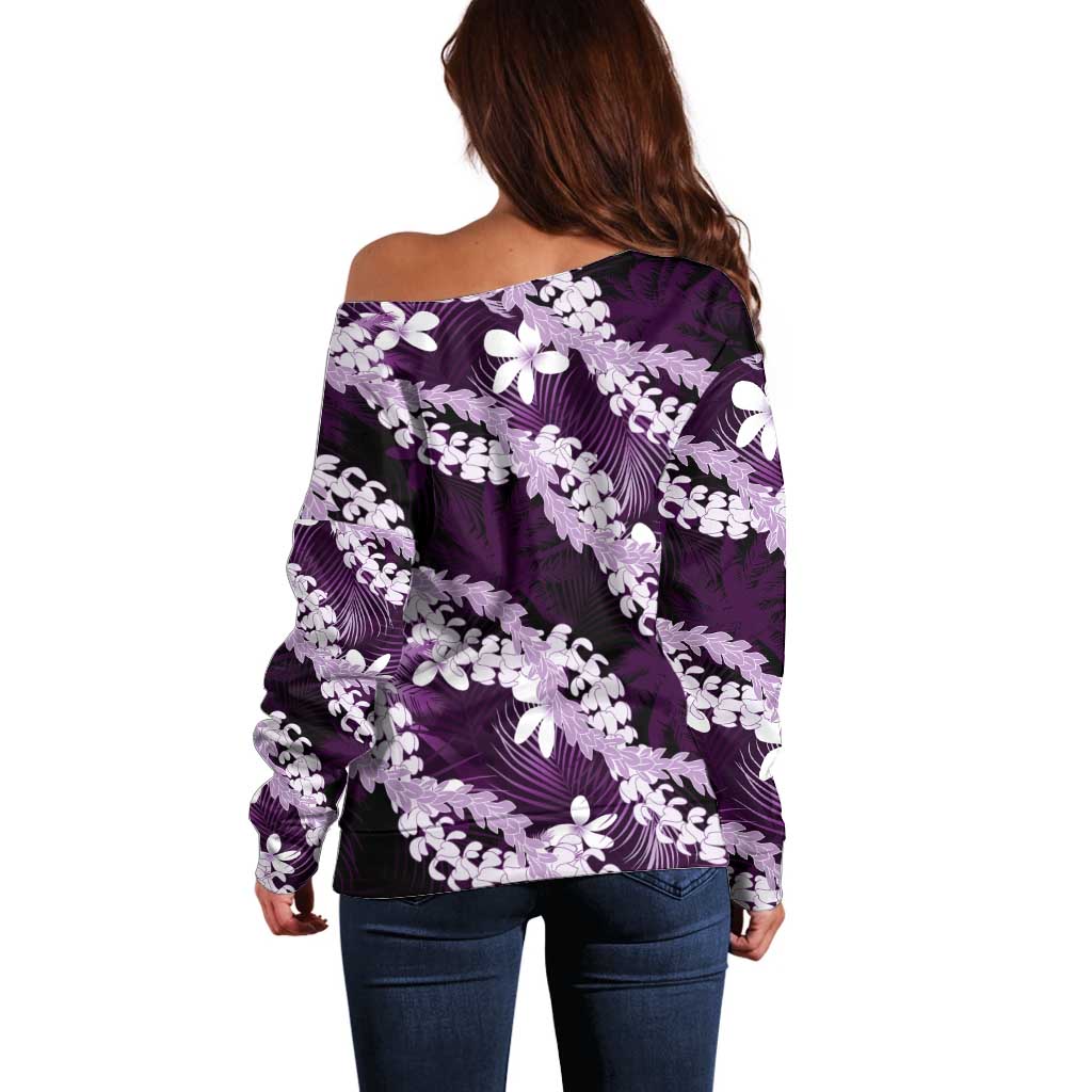 Puakenikeni Maile Lei Off Shoulder Sweater Frangipani Purple Tropical Leaves LT01 - Polynesian Pride