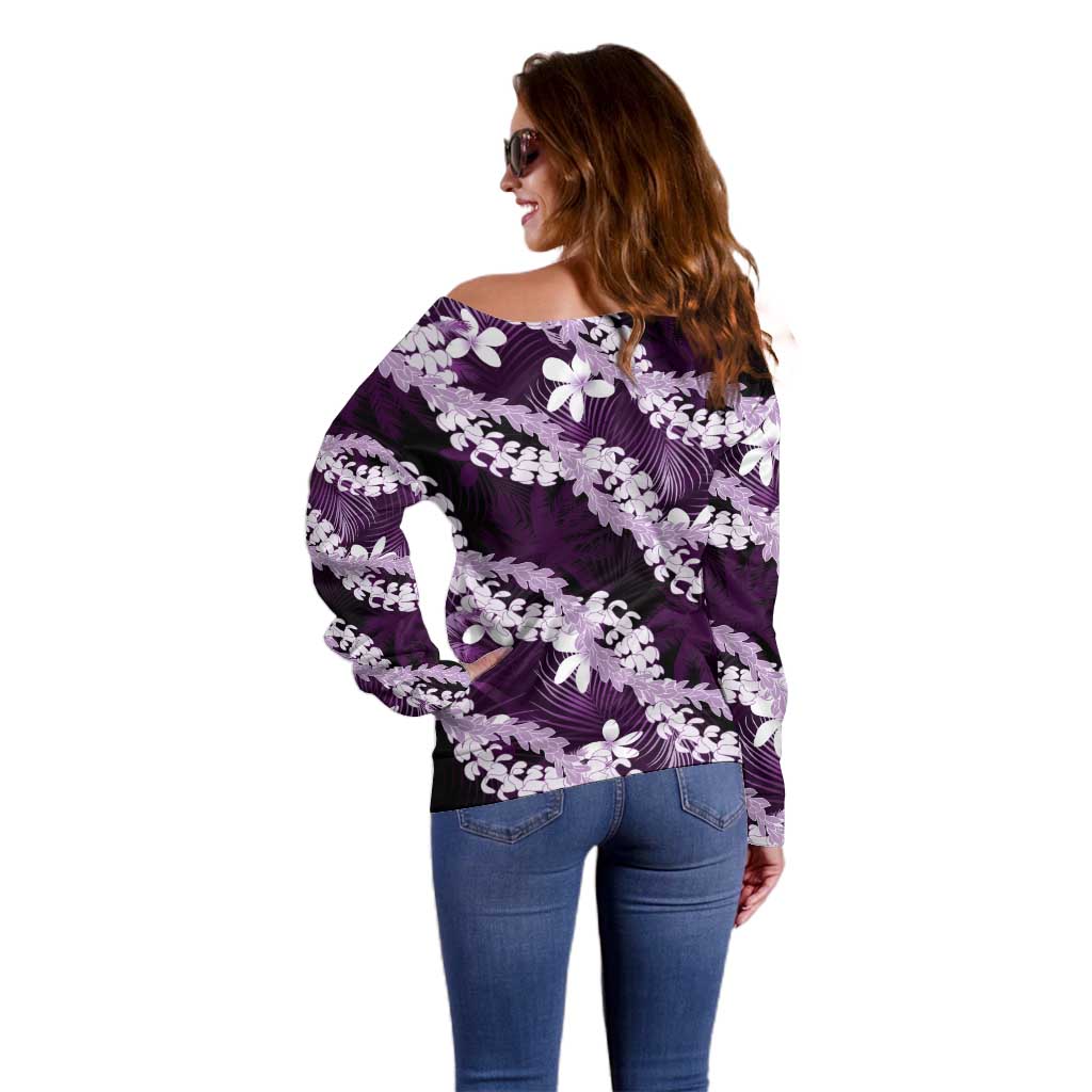 Puakenikeni Maile Lei Off Shoulder Sweater Frangipani Purple Tropical Leaves LT01 - Polynesian Pride