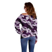 Puakenikeni Maile Lei Off Shoulder Sweater Frangipani Purple Tropical Leaves LT01 - Polynesian Pride