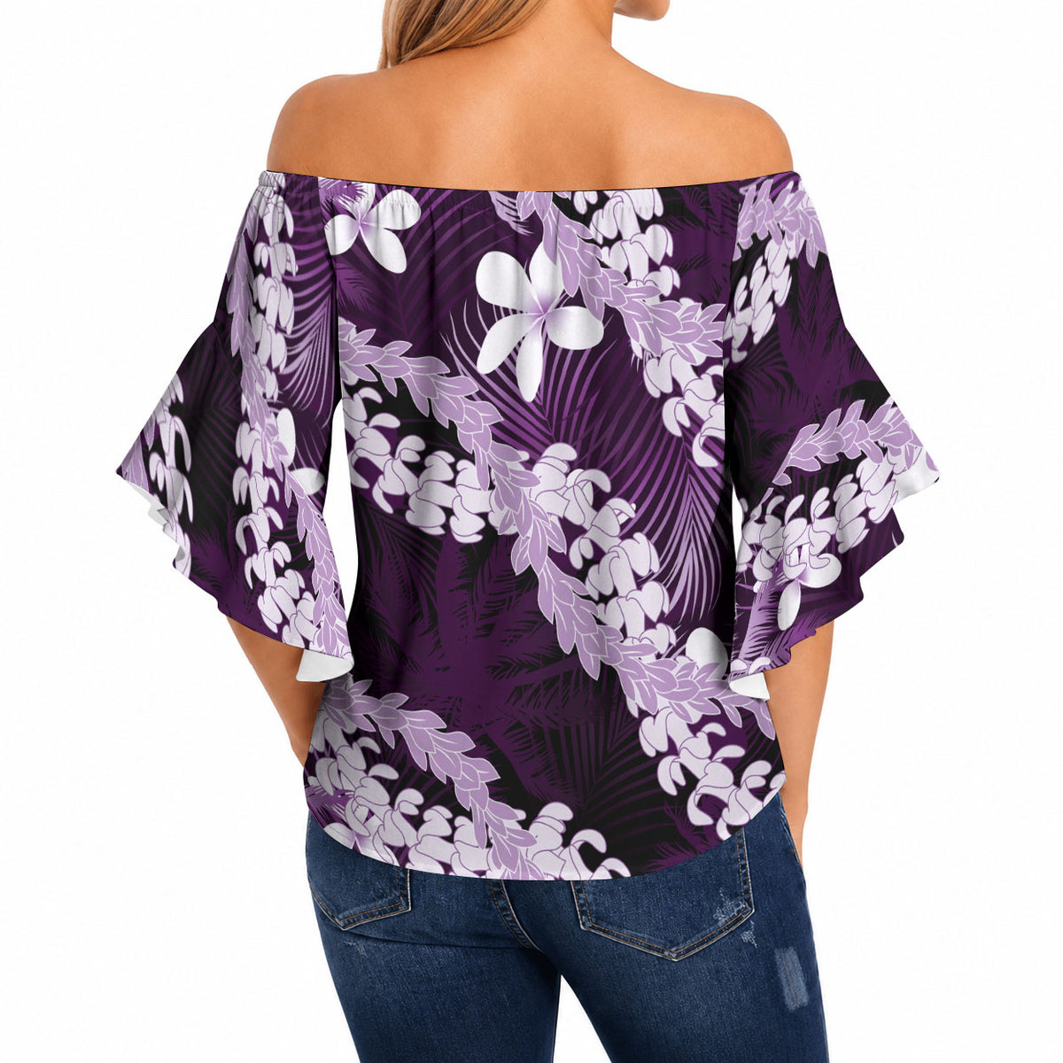 Puakenikeni Maile Lei Off Shoulder Wrap Waist Top Frangipani Purple Tropical Leaves LT01 - Polynesian Pride