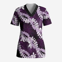 Puakenikeni Maile Lei Scrub Top Frangipani Purple Tropical Leaves LT01 Adult Purple - Polynesian Pride