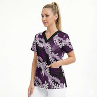 Puakenikeni Maile Lei Scrub Top Frangipani Purple Tropical Leaves LT01 - Polynesian Pride