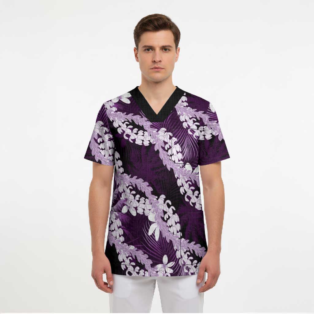 Puakenikeni Maile Lei Scrub Top Frangipani Purple Tropical Leaves LT01 - Polynesian Pride
