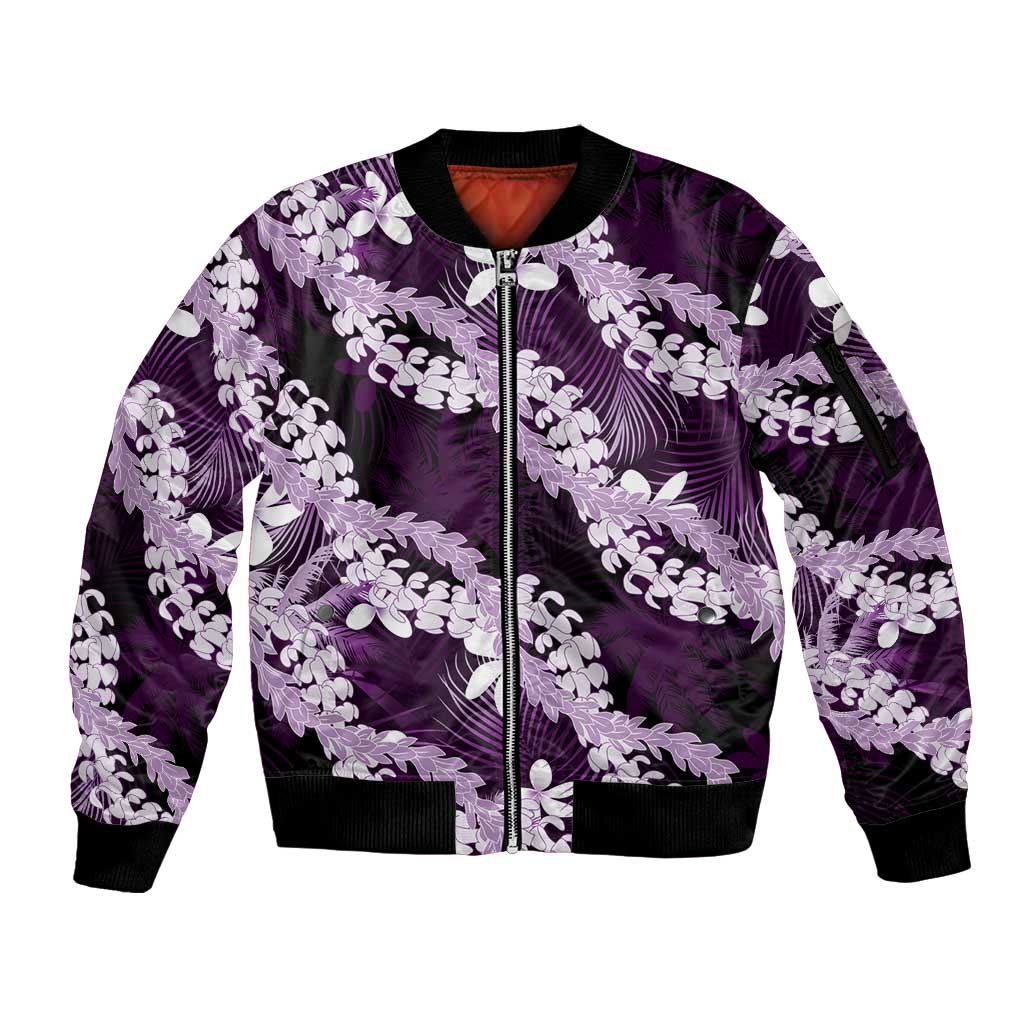 Puakenikeni Maile Lei Sleeve Zip Bomber Jacket Frangipani Purple Tropical Leaves