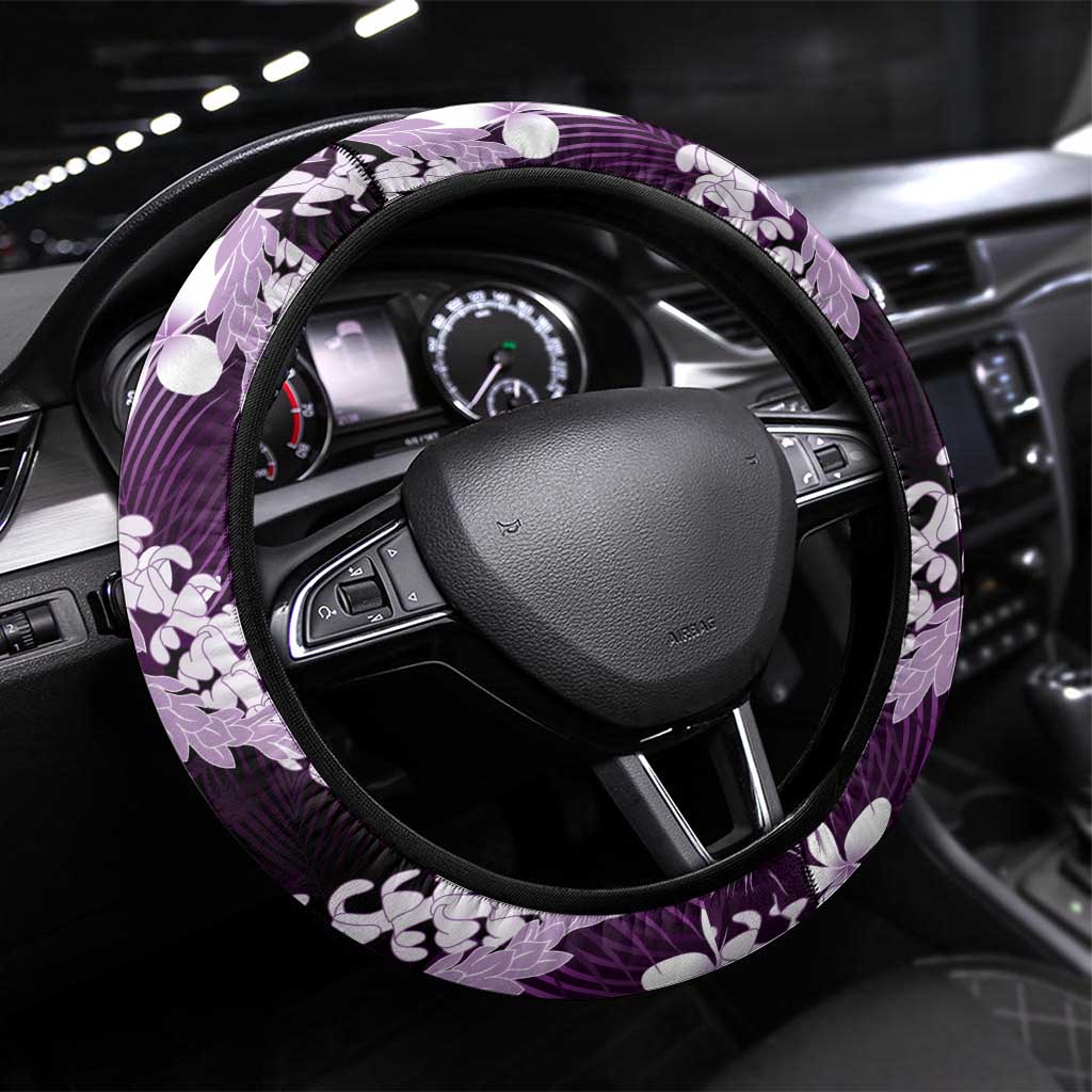 Puakenikeni Maile Lei Steering Wheel Cover Frangipani Purple Tropical Leaves LT01 Universal Fit Purple - Polynesian Pride