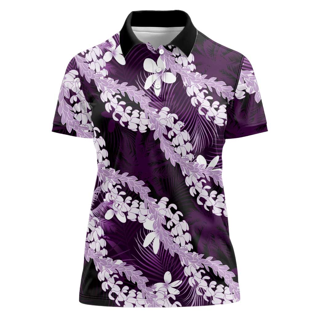Puakenikeni Maile Lei Women Polo Shirt Frangipani Purple Tropical Leaves