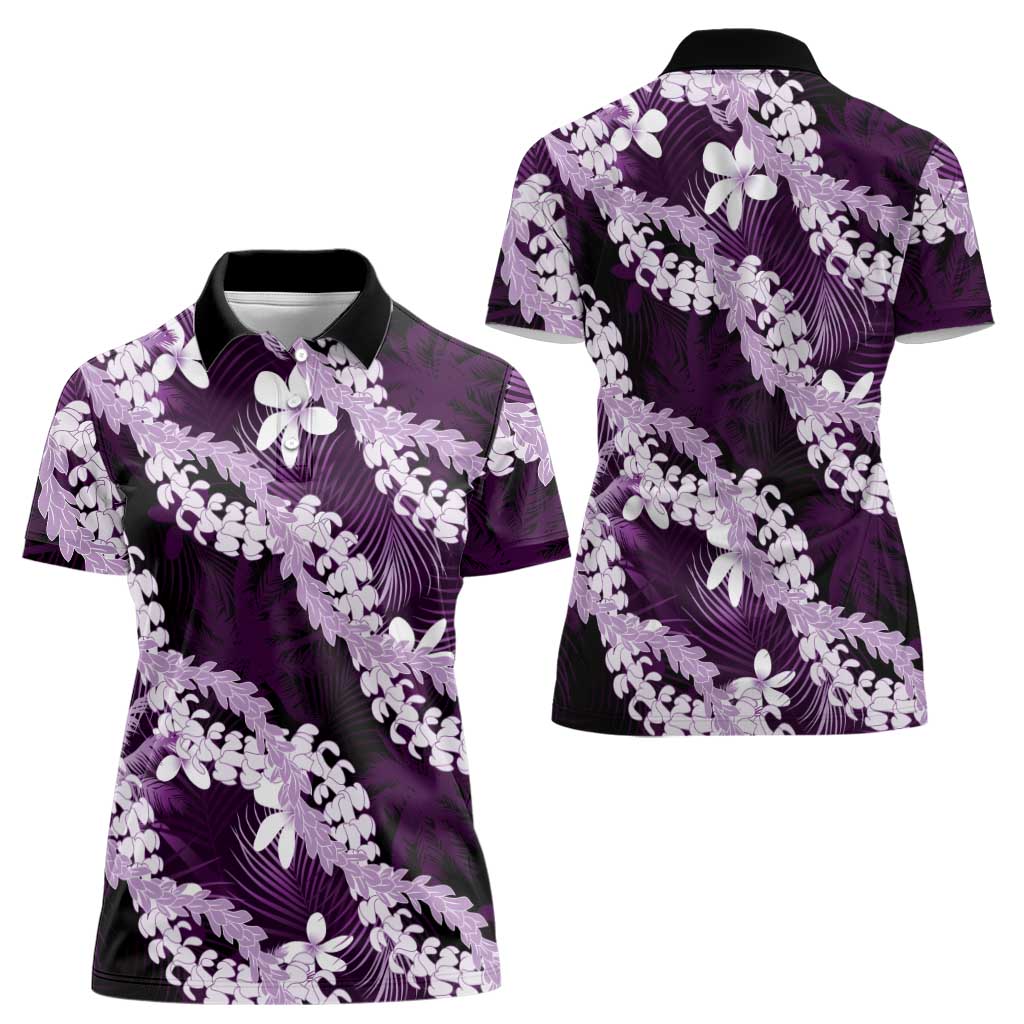Puakenikeni Maile Lei Women Polo Shirt Frangipani Purple Tropical Leaves