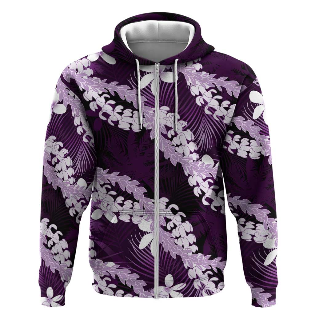 Puakenikeni Maile Lei Zip Hoodie Frangipani Purple Tropical Leaves