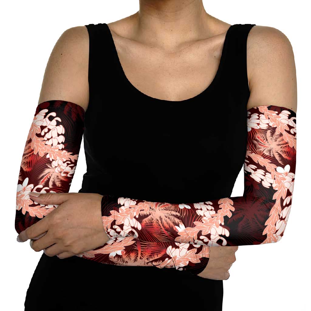 Puakenikeni Maile Lei Arm Sleeves Frangipani Red Tropical Leaves LT01 - Polynesian Pride