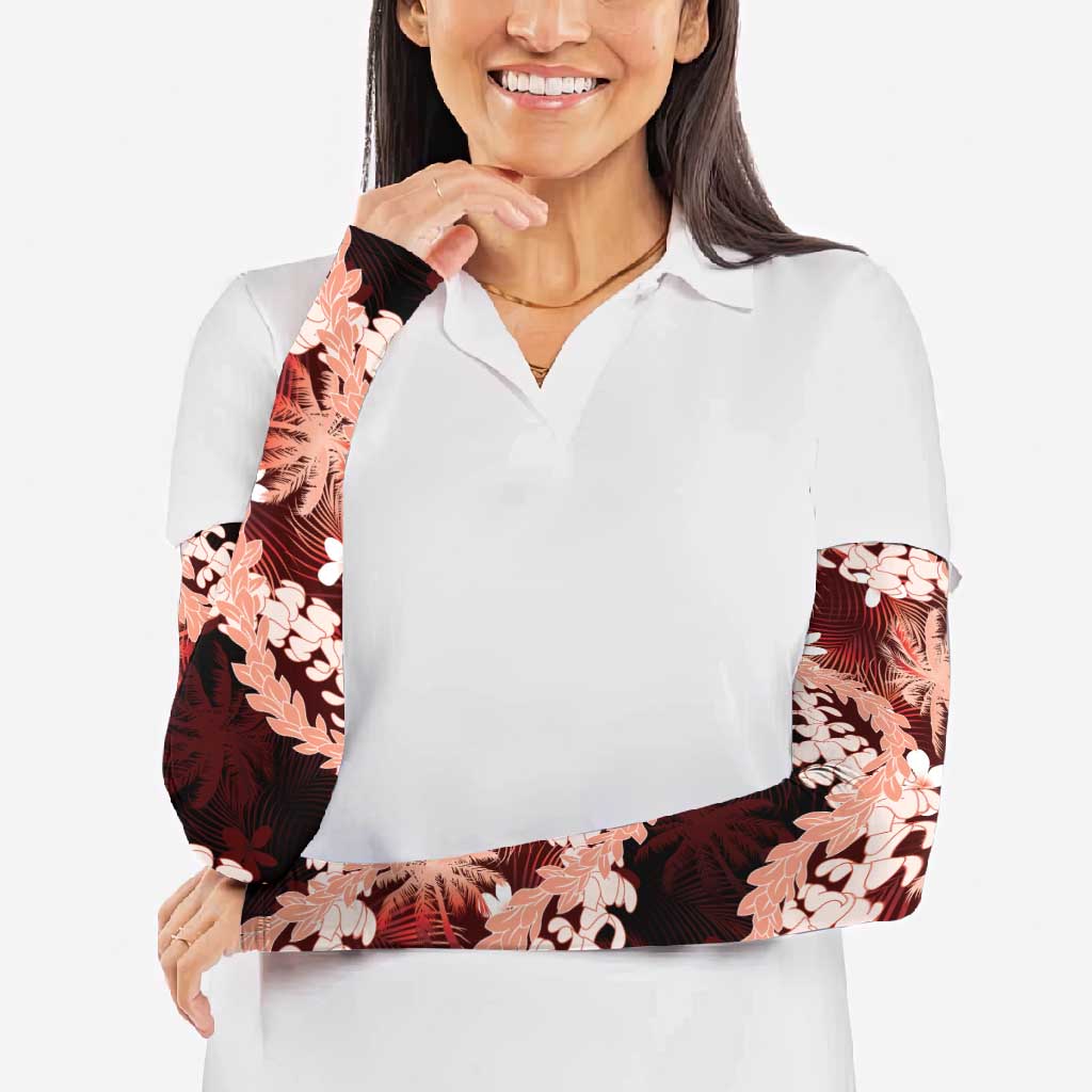 Puakenikeni Maile Lei Arm Sleeves Frangipani Red Tropical Leaves LT01 - Polynesian Pride