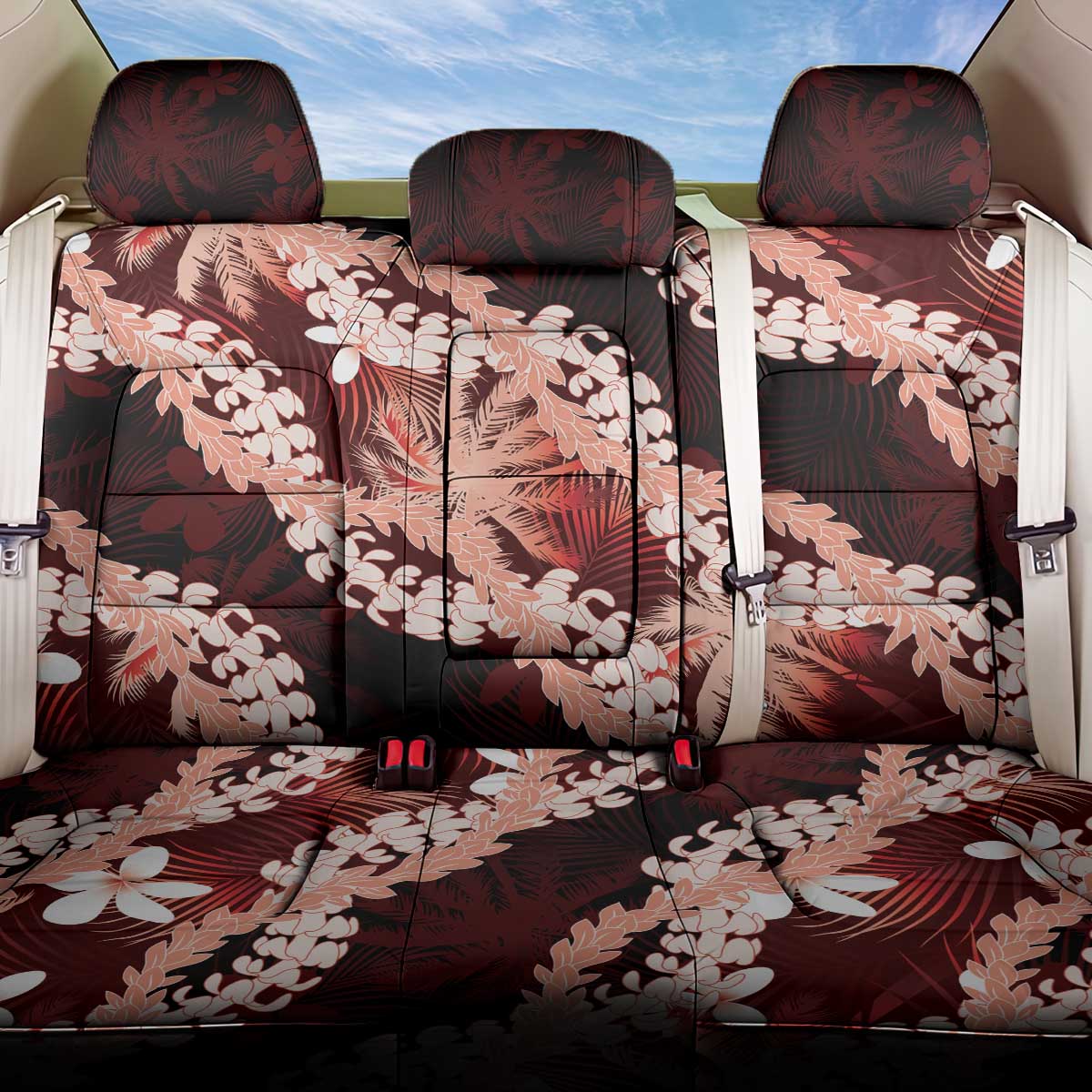 Puakenikeni Maile Lei Back Car Seat Cover Frangipani Red Tropical Leaves LT01 One Size Red - Polynesian Pride