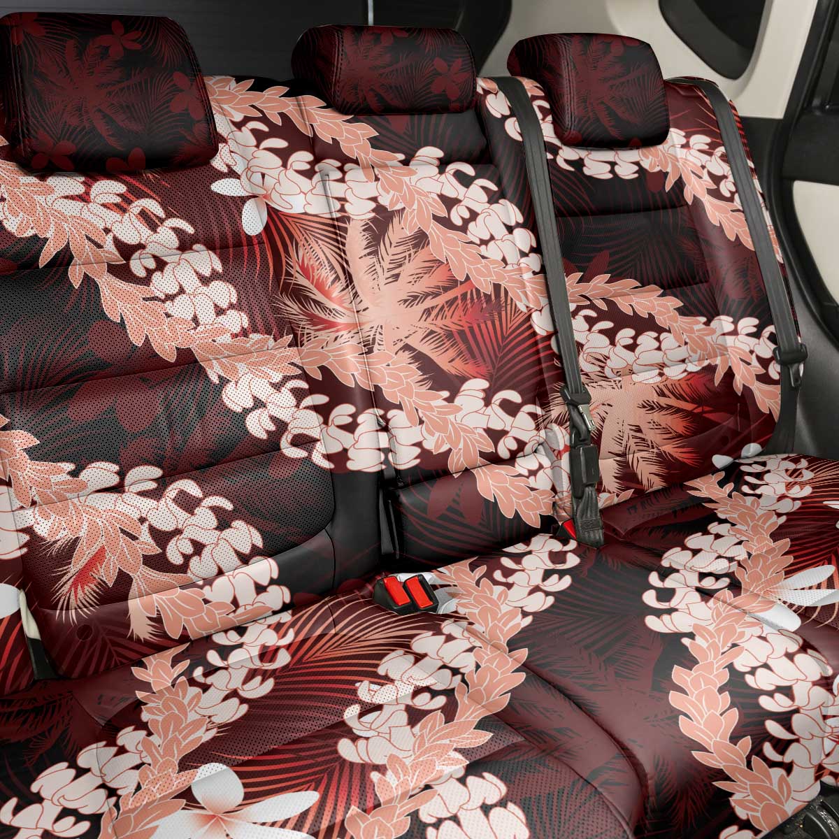 Puakenikeni Maile Lei Back Car Seat Cover Frangipani Red Tropical Leaves LT01 - Polynesian Pride