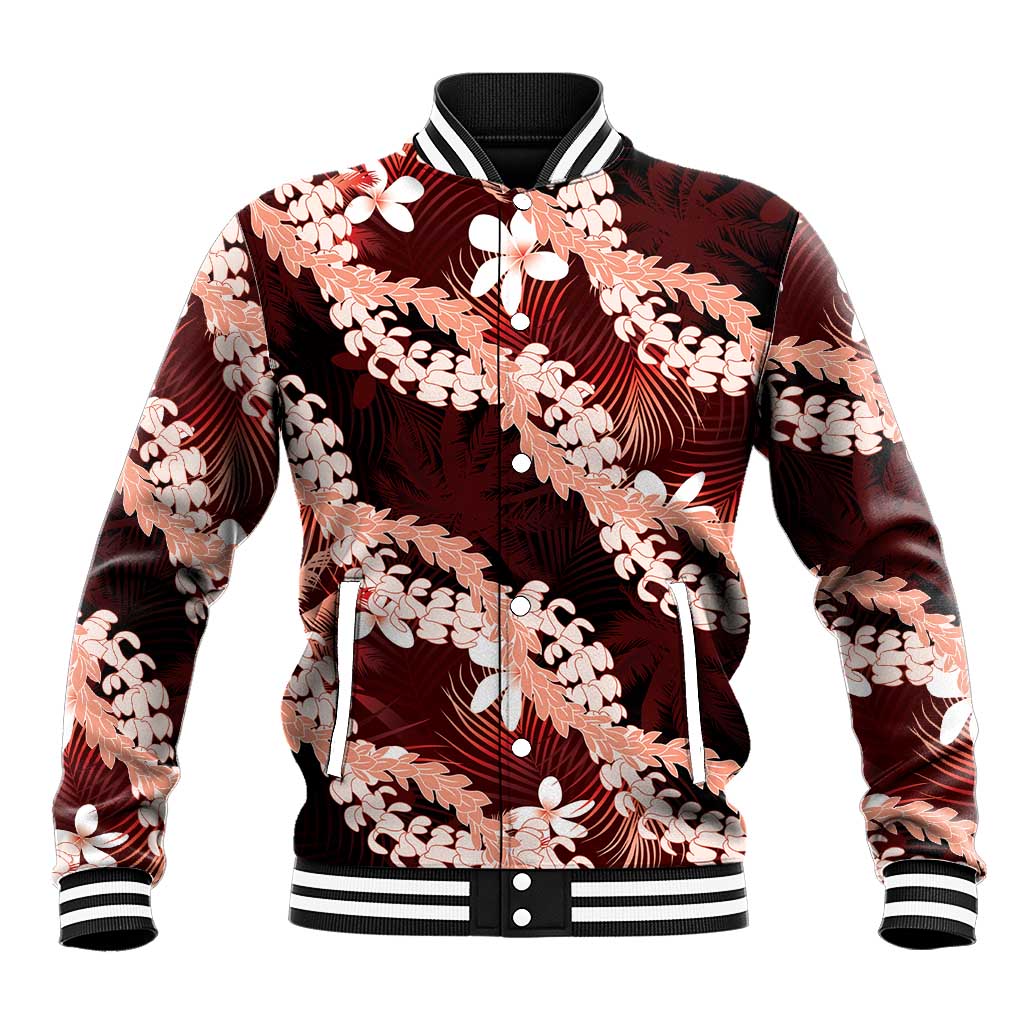 Puakenikeni Maile Lei Baseball Jacket Frangipani Red Tropical Leaves LT01 Unisex Red - Polynesian Pride