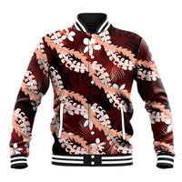 Puakenikeni Maile Lei Baseball Jacket Frangipani Red Tropical Leaves LT01 Unisex Red - Polynesian Pride