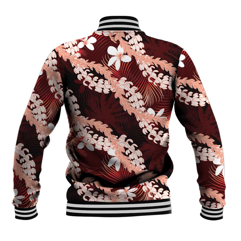 Puakenikeni Maile Lei Baseball Jacket Frangipani Red Tropical Leaves LT01 - Polynesian Pride