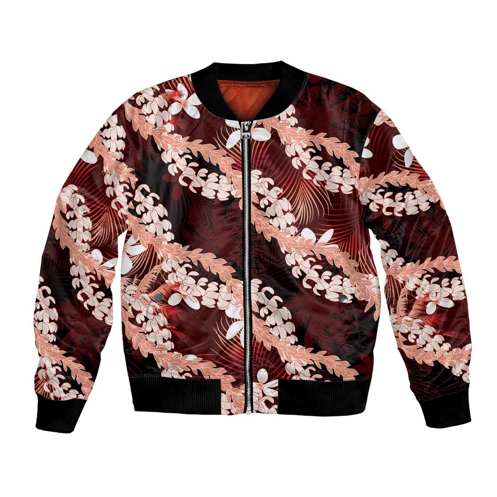 Puakenikeni Maile Lei Bomber Jacket Frangipani Red Tropical Leaves LT01 Unisex Red - Polynesian Pride