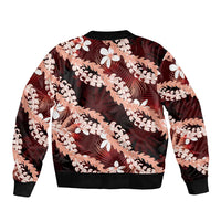 Puakenikeni Maile Lei Bomber Jacket Frangipani Red Tropical Leaves LT01 - Polynesian Pride