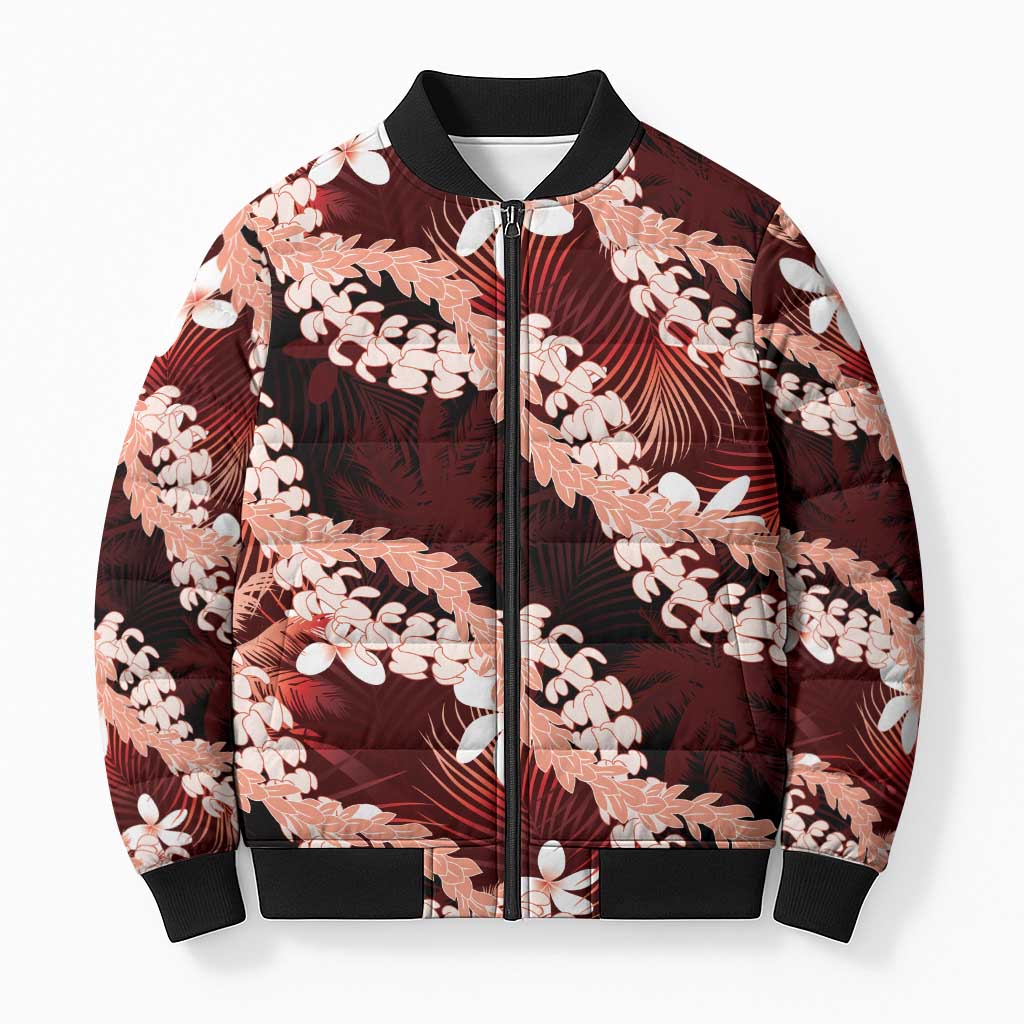 Puakenikeni Maile Lei Bomber Puffer Jacket Frangipani Red Tropical Leaves LT01 Unisex Red - Polynesian Pride