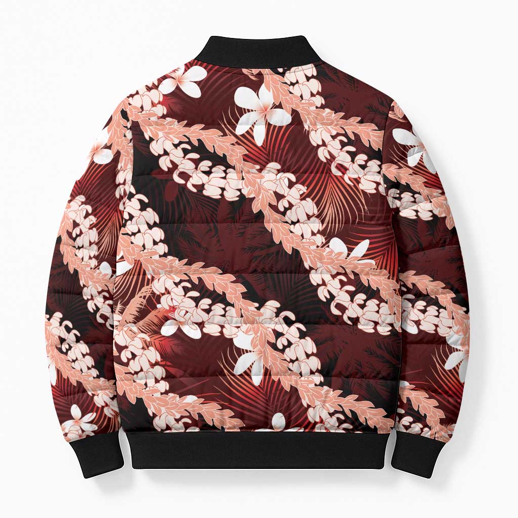 Puakenikeni Maile Lei Bomber Puffer Jacket Frangipani Red Tropical Leaves LT01 - Polynesian Pride